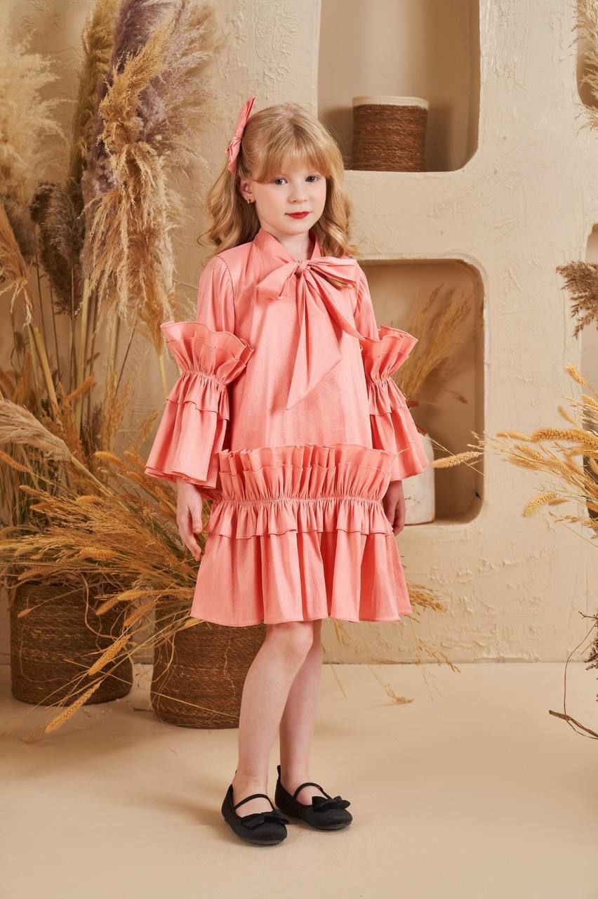 Straight Baby Dress With Hair Accessory Peach Color