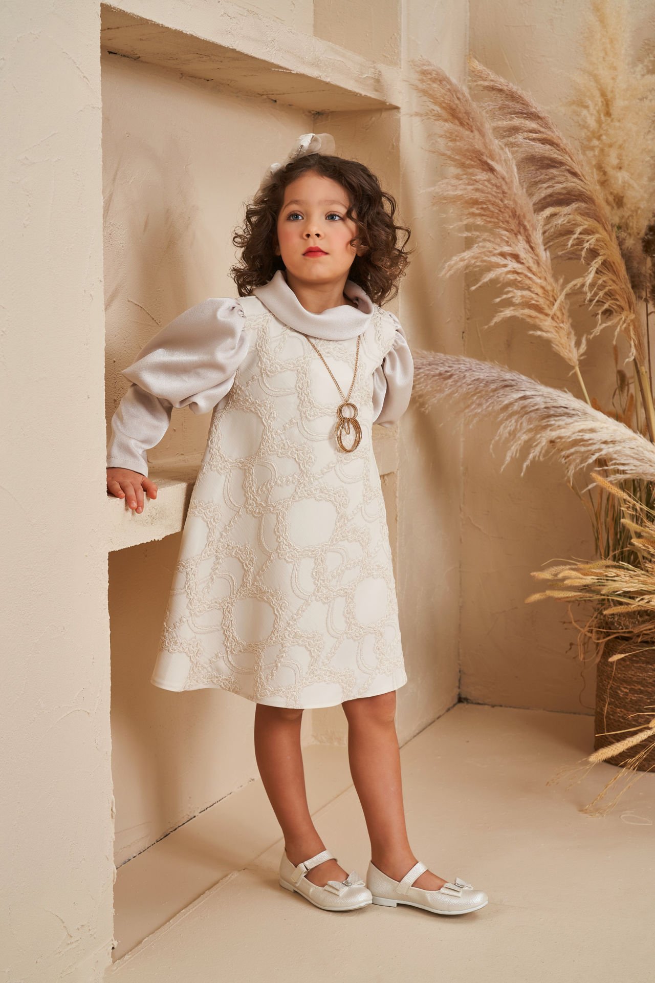 Straight Baby Dress With Hair Accessory Beige Color