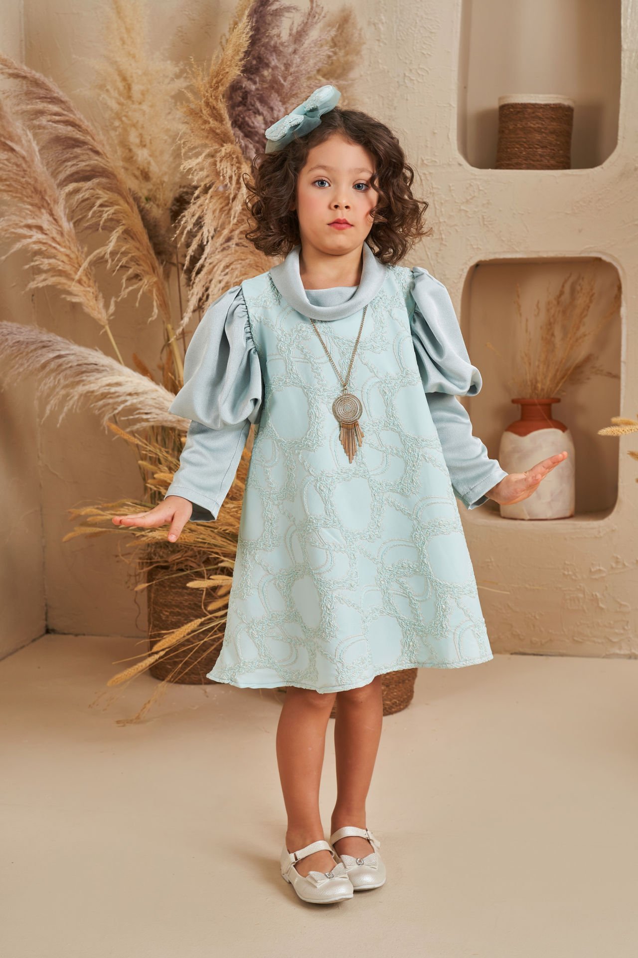 Straight Baby Dress With Hair Accessory Green Color