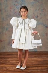 Satin Party Dress With Hair Accessory White Color
