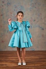 Satin Party Dress With Hair Accessory Blue Color