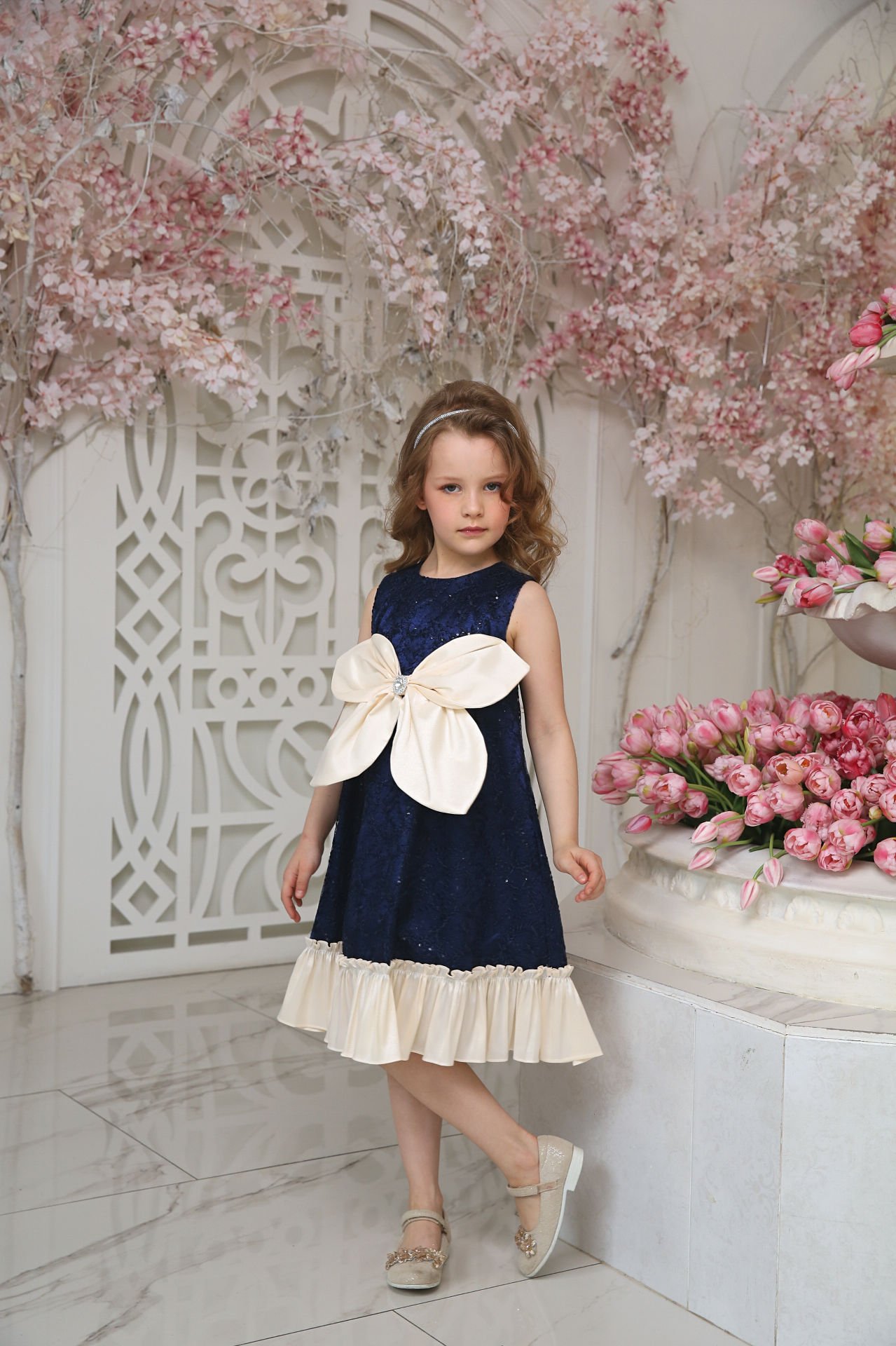 Party Lace Dress with Hair Accessory Dark Blue Color