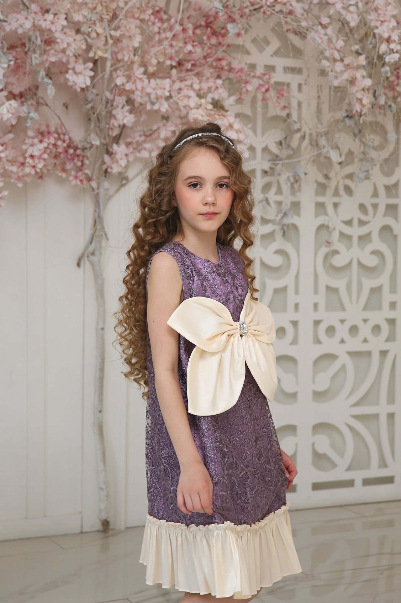 Party Lace Dress with Hair Accessory Purple Color