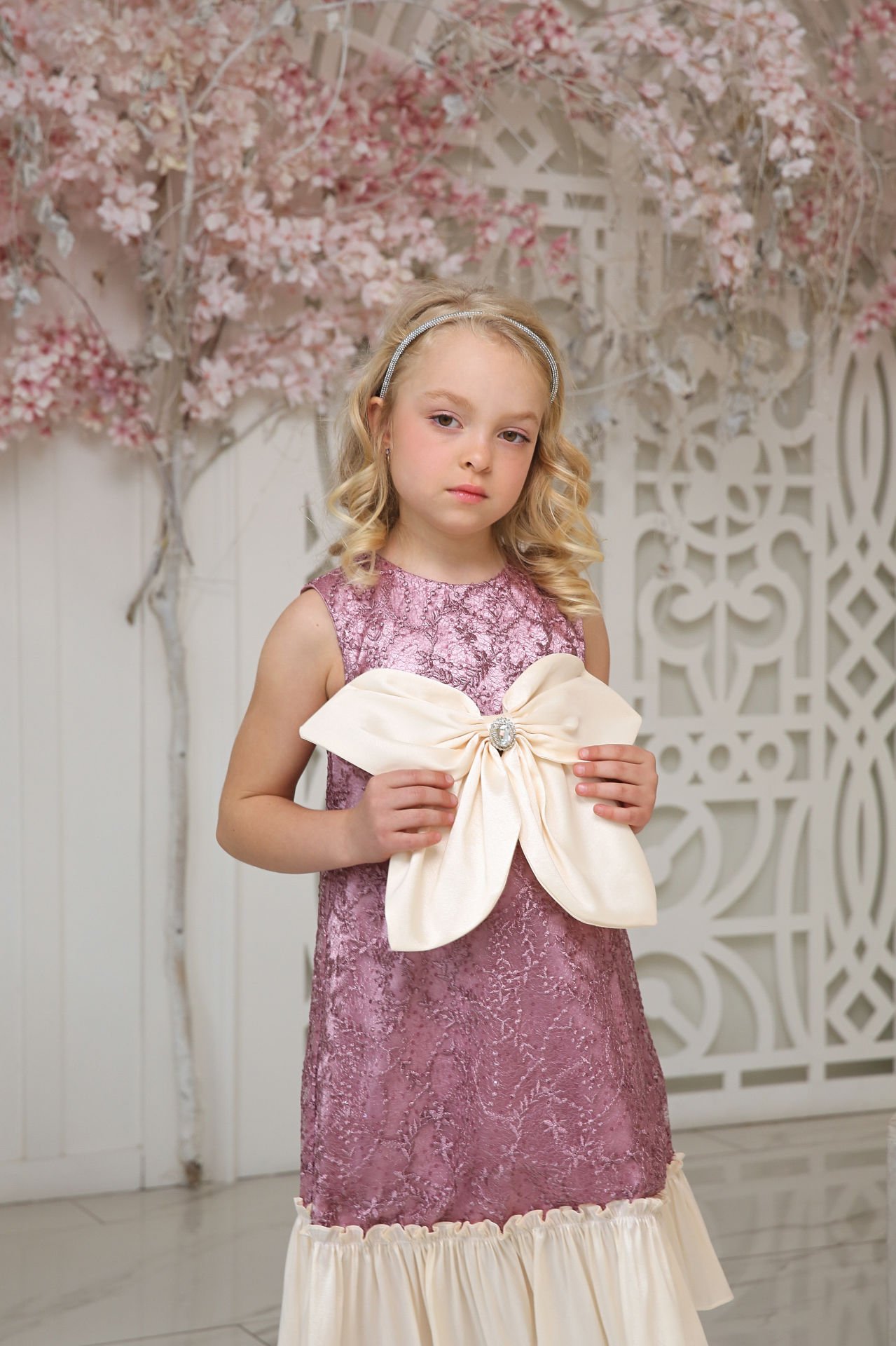Party Lace Dress with Hair Accessory Pink Color