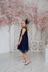 Exclusive Party Lace Dress with Hair Accessory Dark Blue Color