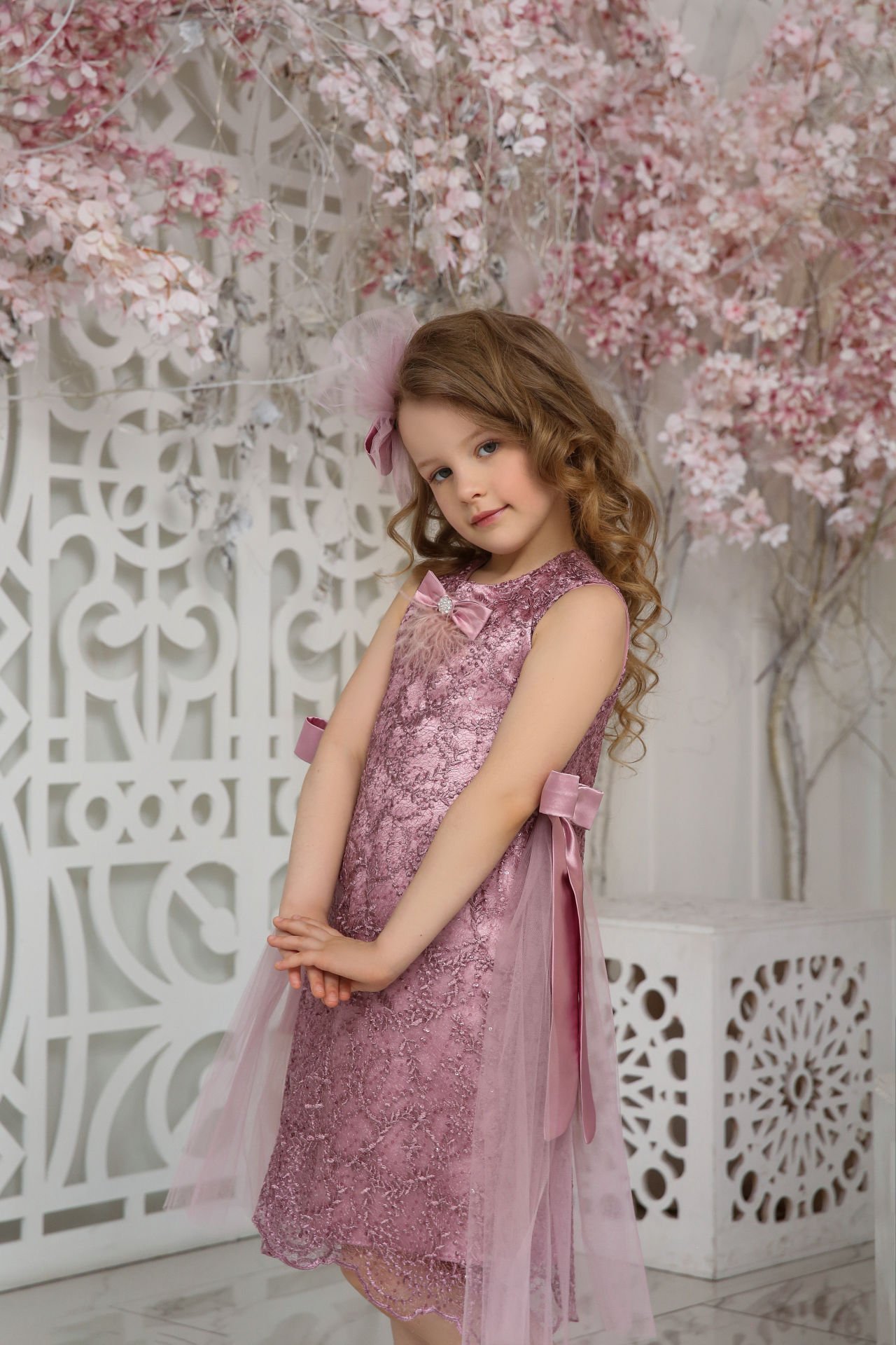 Exclusive Party Lace Dress with Hair Accessory Pink Color