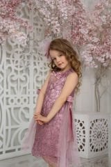 Exclusive Party Lace Dress with Hair Accessory Pink Color