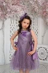 Exclusive Party Lace Dress with Hair Accessory Purple Color