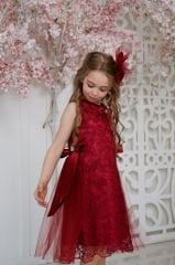 Exclusive Party Lace Dress with Hair Accessory Red Color