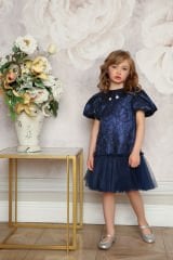 Dark Blue Color Lace Dress with Hair Accessory