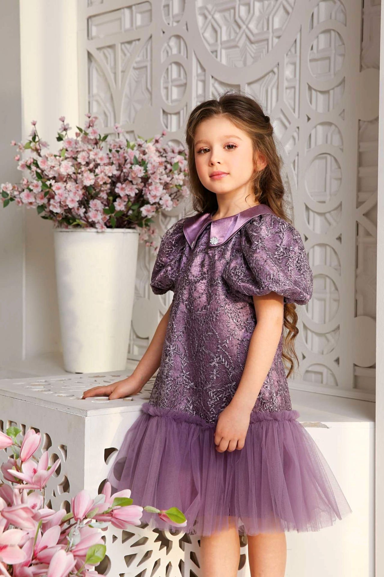 Purple Color Lace Dress with Hair Accessory