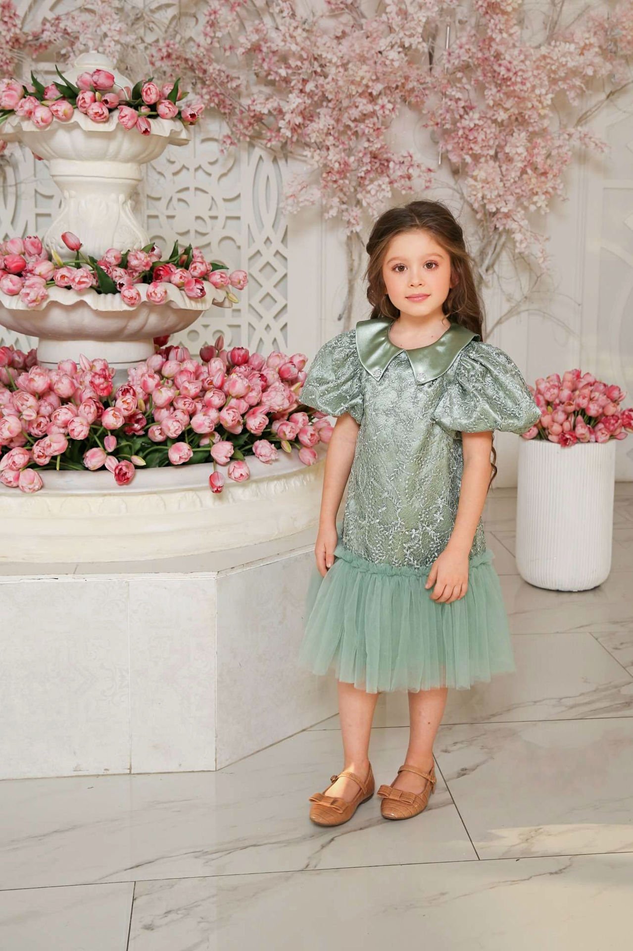 Light Green Color Lace Dress with Hair Accessory