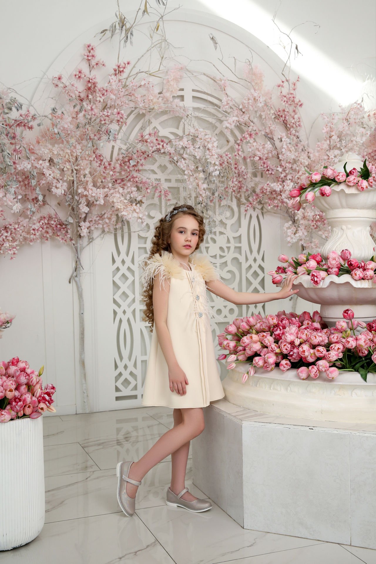 Cream Color  Dress with Hair Accessory for Girls