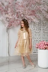 Beige Color Lace Dress with Hair Accessory for Girls