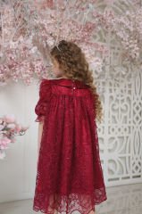 Red Color Lace Dress with Hair Accessory for Girls