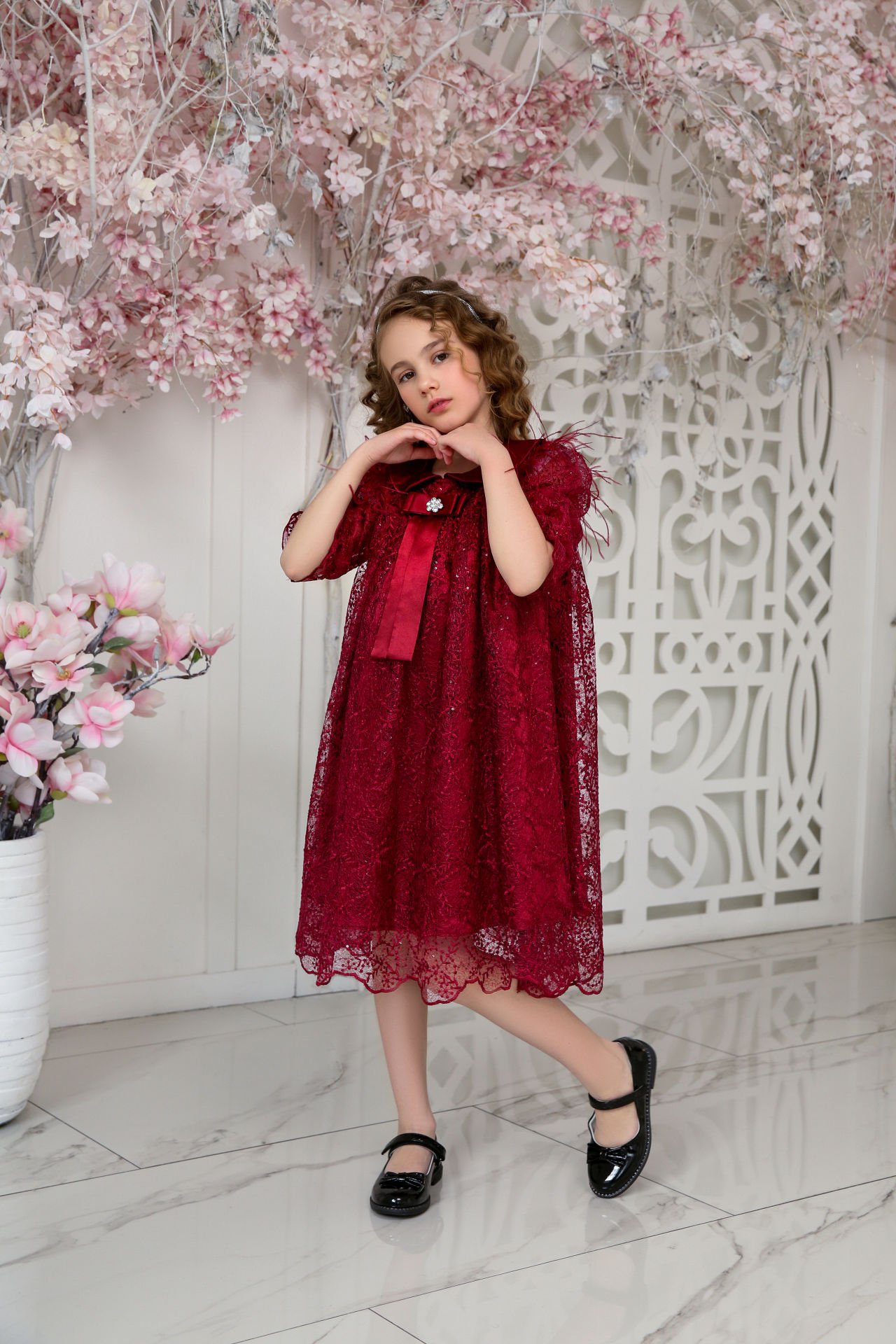 Red Color Lace Dress with Hair Accessory for Girls