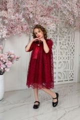 Red Color Lace Dress with Hair Accessory for Girls
