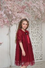 Red Color Lace Dress with Hair Accessory for Girls