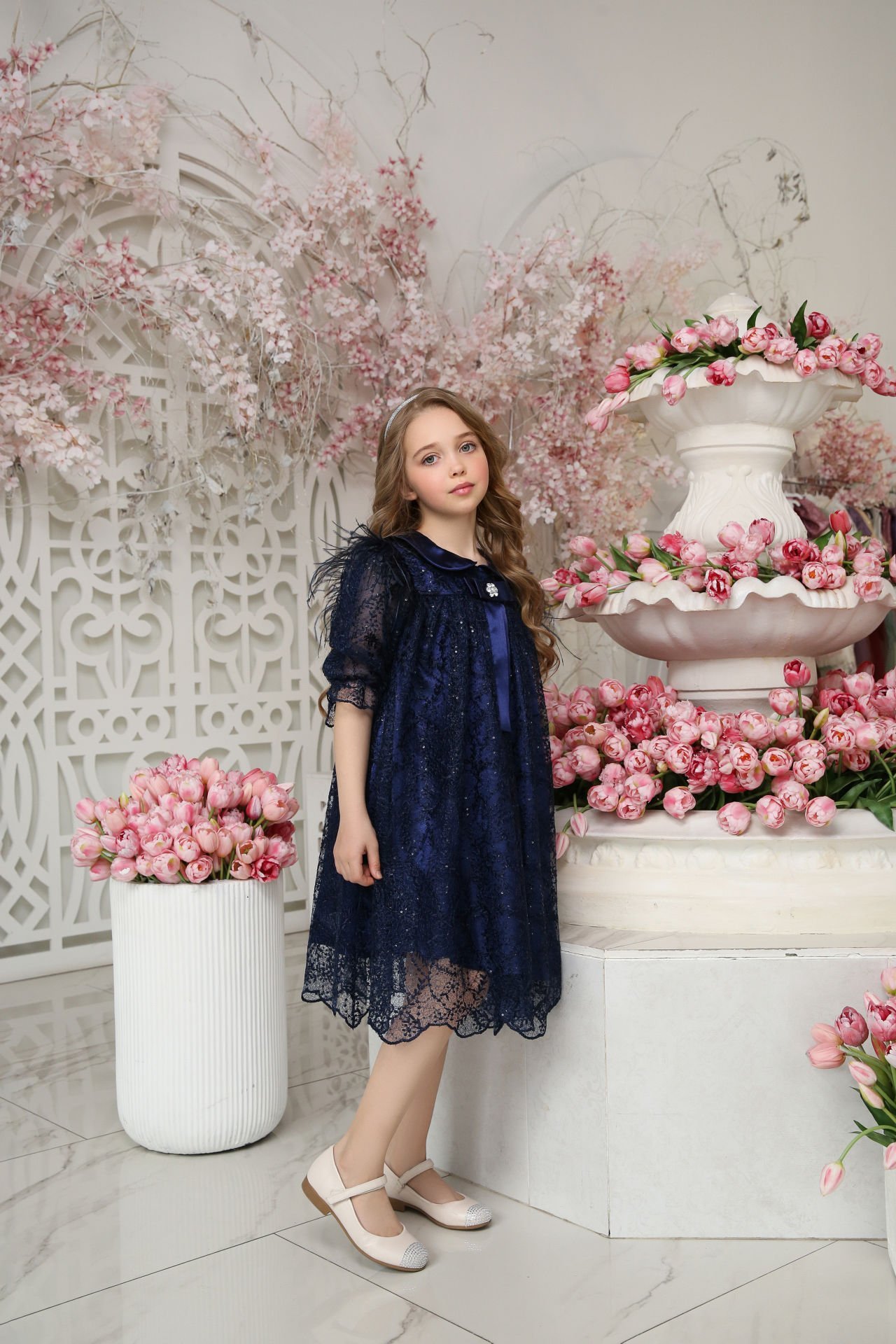 Dark Blue Color Lace Dress with Hair Accessory for Girls