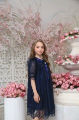 Dark Blue Color Lace Dress with Hair Accessory for Girls