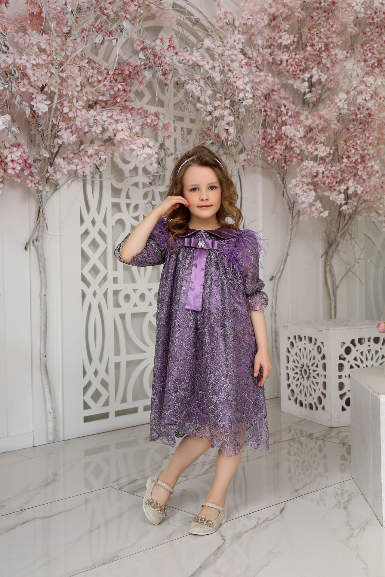 Purple Color Lace Dress with Hair Accessory for Girls