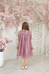 Pink Color Lace Dress with Hair Accessory for Girls