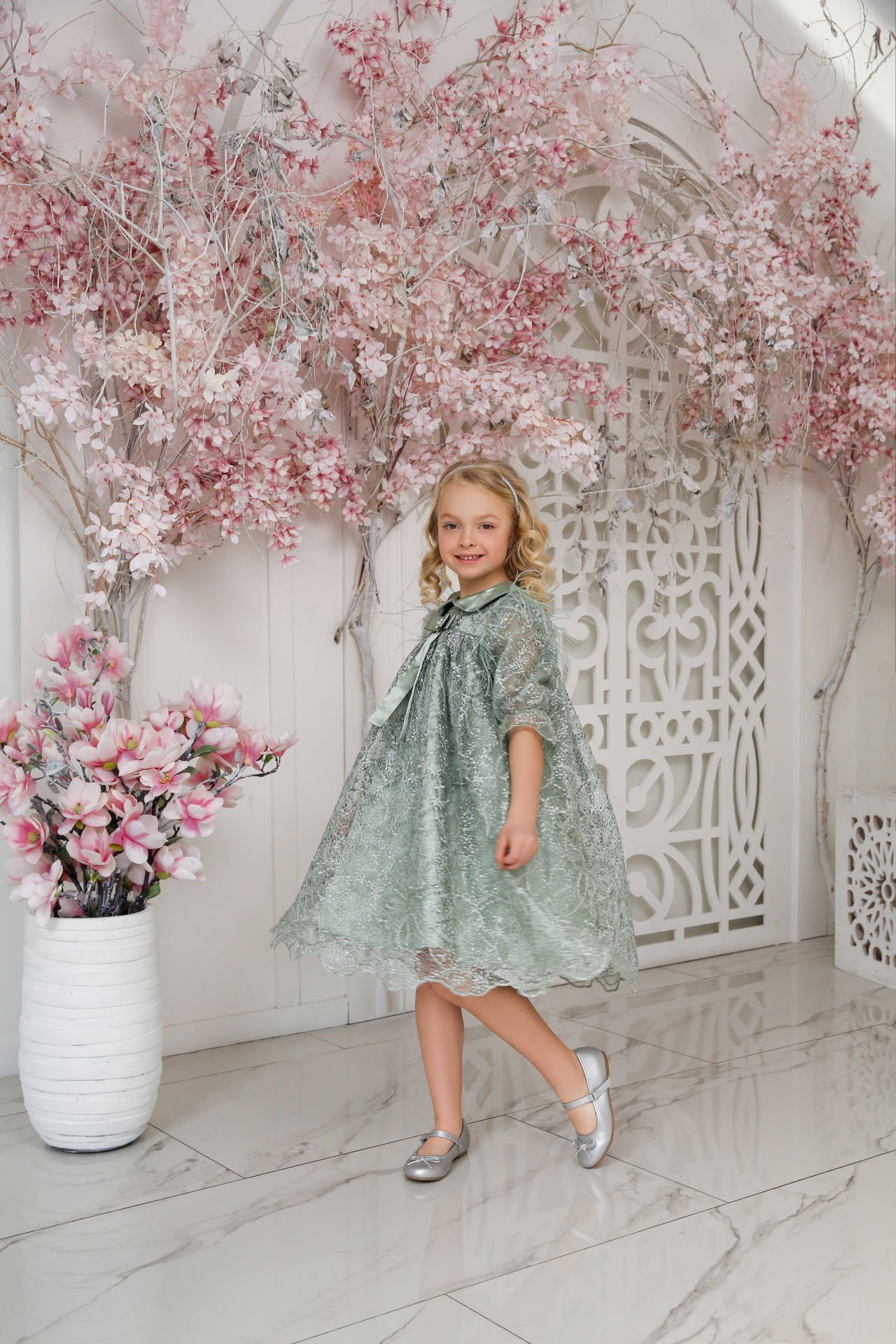 Light Green Color Lace Dress with Hair Accessory for Girls