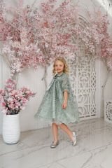 Light Green Color Lace Dress with Hair Accessory for Girls