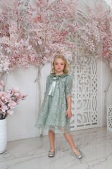 Light Green Color Lace Dress with Hair Accessory for Girls